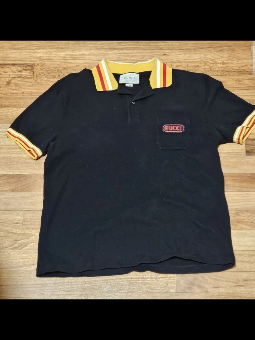 Gucci Men’s Black Polo Shirt with Yellow Red Trim